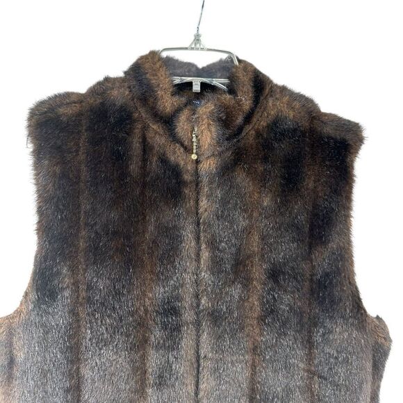 Faux Fur Vest Brown Preston York Full Zip Womens Size M Classic Mock Neck Lined - Picture 3 of 11